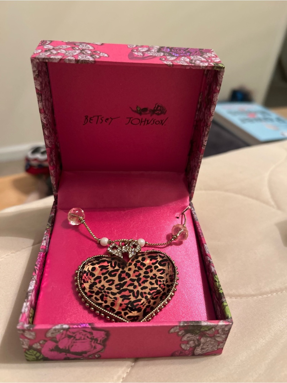 Betsey Johnson Leopard Print Heart Pendant Necklace - Black, Pink, Gold